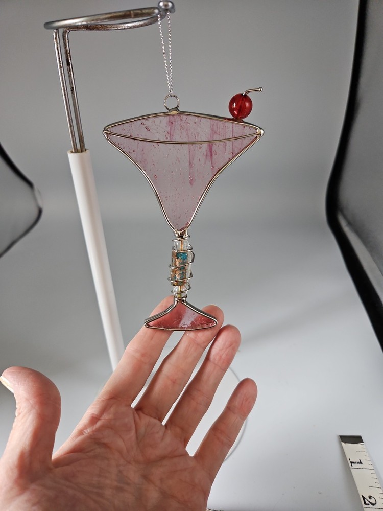 Gorham 3D Pink Clear Handmade Martini Glass w Cherry Crystal Wire Sun Catcher