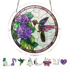 Elegant Wild Hummingbird Purple Hydrangea Acrylic Puzzle Suncatcher Window Decor