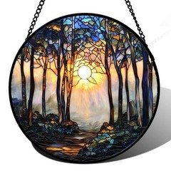 Stained Glass Suncatcher, Forest Sunrise Tree Design for Home Decor, 7.8 in