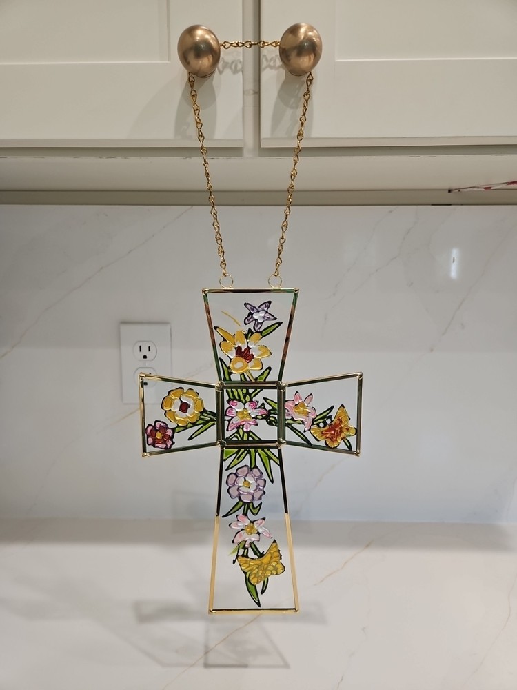 Sun Catcher Cross with Stained Glass & Hand Painted Gold Frame Floral
