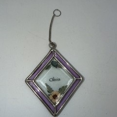 Layered Stained Glass Clear w/Dried Flowers – Purple Trim Olivia 3.75″ Tall