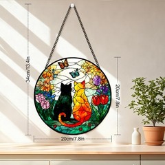 “Stained Glass Cat Sun Catcher with Wildflowers and Butterflies – 7.8 in Decor”
