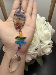 Multicolor Beaded Glass & Metal Wire Leaf Suncatcher w/ Clear Faceted Drop 8″