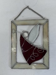 Hanging Stained Slag Glass Suncatcher Angel With Horn Red & White 8in x 6in