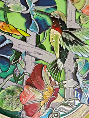 AMIA Stained Glass Sun Catcher Bird Floral Flowers Hummingbirds Hand Painted USA