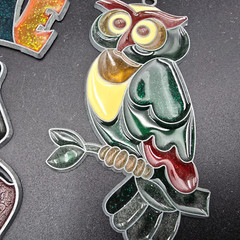 Vintage Suncatcher Lot of 6 Homemade WELCOME Owl Poodle Butterfly Fruit basket