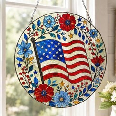American Floral Flag Stained Glass Suncatcher Patriotic Decor