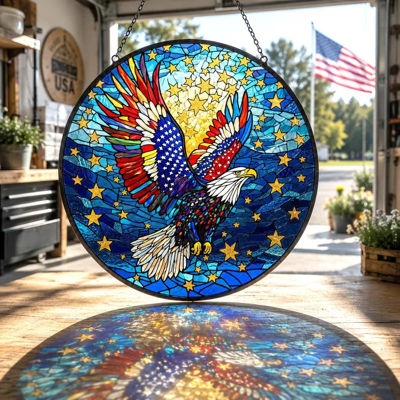 Patriotic Bald Eagle Bird Stained Glass Suncatcher