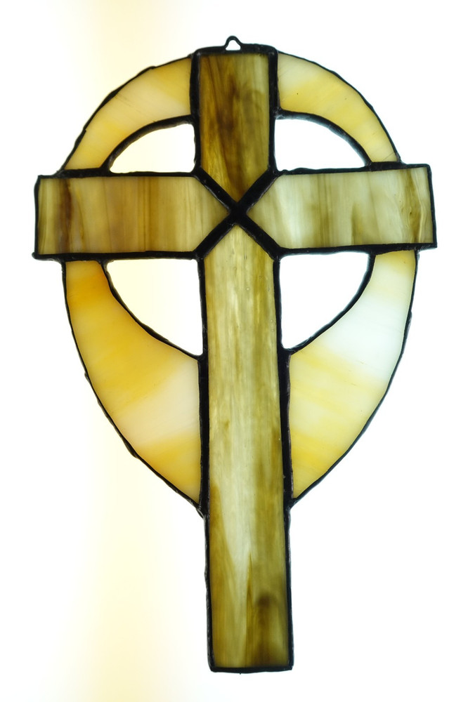 Vintage Stained Glass Cross Wall Hanging Window Sun Catcher Brown Tan