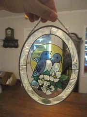 bluebirds Stained Glass hand painted by Joan Baker Designs oval 7×5” with chain