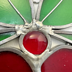 Handmade Holiday Bells & Bow Stained Glass Sun Catcher 5 in Green Red Orange