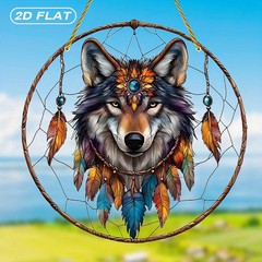 Wolf Dreamcatcher Suncatcher, Bohemian Feather Acrylic Window Hanging Decor