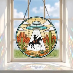 UFO Abduction Cowboy Stained Glass Suncatcher Sci Fi Western Art
