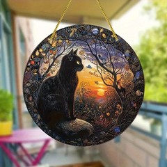 Vintage Acrylic Black Cat Hanging Ornament Sunset Forest Decor Cat Lovers Gift