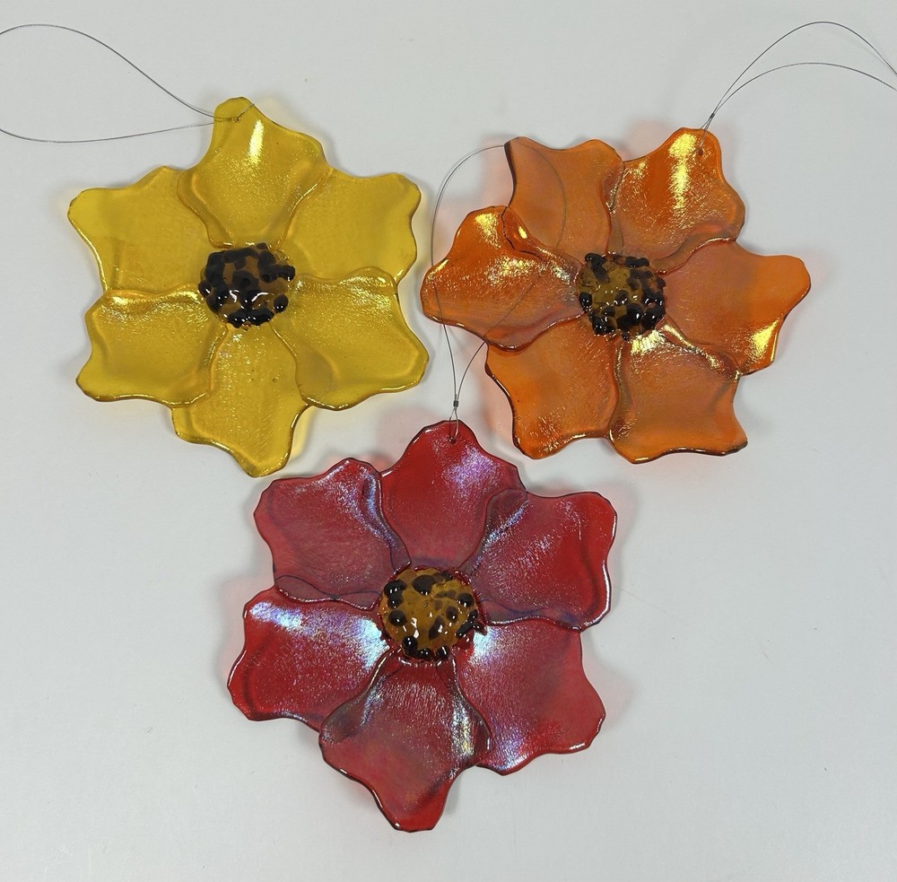 Fused Glass Poppy Flower Suncatcher Hanging Decor 5″ Set of 3 Red Orange Yellow