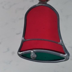 2- Holiday Sun Catchers Stained Glass Bell & Santa Claus Vintage Ornaments