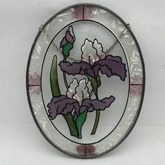 Vintage Joan Baker Oval Sun Catcher Purple Irises Hand Painted Frosted Glass