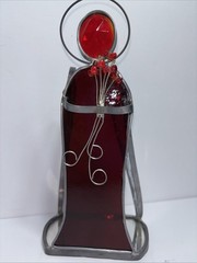 Vintage Stained Glass Angel Suncatcher Red Angel & Flowers Clear Bubbly Wings