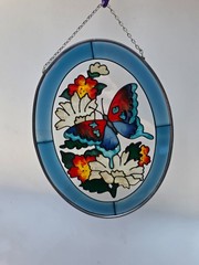 Stained Glass Butterfly and Flowers Oval Suncatcher Window Wall Decor 7×5.5″