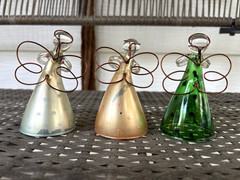 VTG Painted Glass Angels Ornaments Copper Metal Wings Praying Heart Cross Set/3