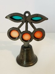 1950’s Cherries Small Dinner Bell Stained Glass Cast Iron Green Leaves 4.25″
