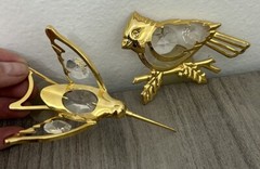 Vintage Austrian Crystal 24K Plated Gold Sun Catcher Hummingbird & Cardinal