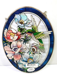 Amia Denver Stained Glass Hummingbird Flower Handpainted Sun Catcher 7” x 5”