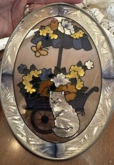 Joan Baker Designs Hand Painted Stained Glass White Cat Flower Cart Sun Catcher