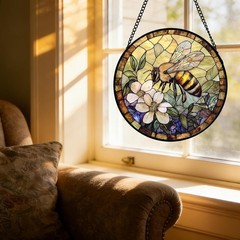 Stained Glass Window Hanging Art Decor Vivid Sun Catcher Round 7.8in Gifts