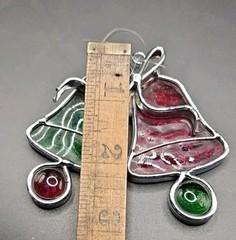 Vintage Stained Glass Bells Suncatcher Christmas Holiday Decor Green Red