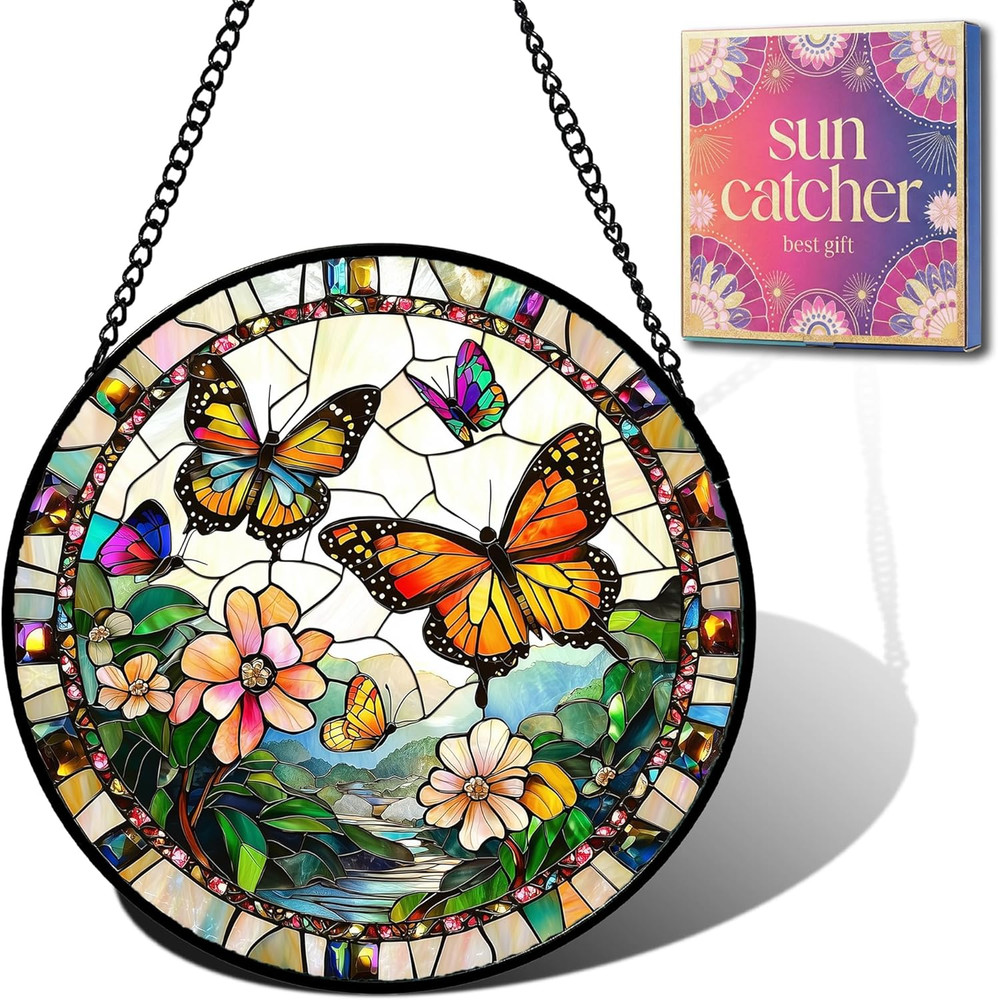 Butterfly Gifts for Mom – Flower Landscape Faux Stained Glass Window Hanging Sun