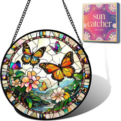 Butterfly Gifts for Mom – Flower Landscape Faux Stained Glass Window Hanging Sun