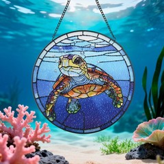 “Big Eyed Turtle Stained Glass Suncatcher for Home Garden Decor, 7.8 in”
