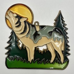 4.5”x4.5” Resin Wolf Howling Moon Suncatcher Decor Gold Trim