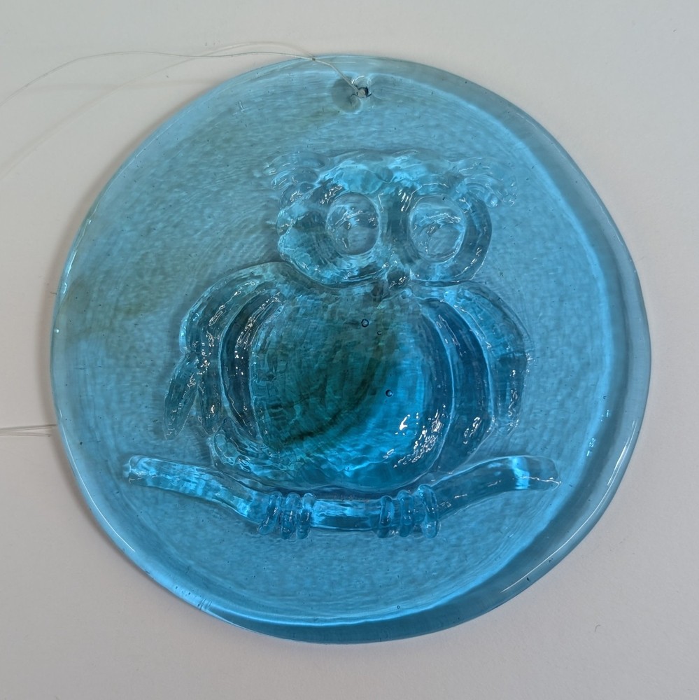 Vintage Brilliant Blue Owl Suncatcher Glass Round Disk Textured Raised Ornament