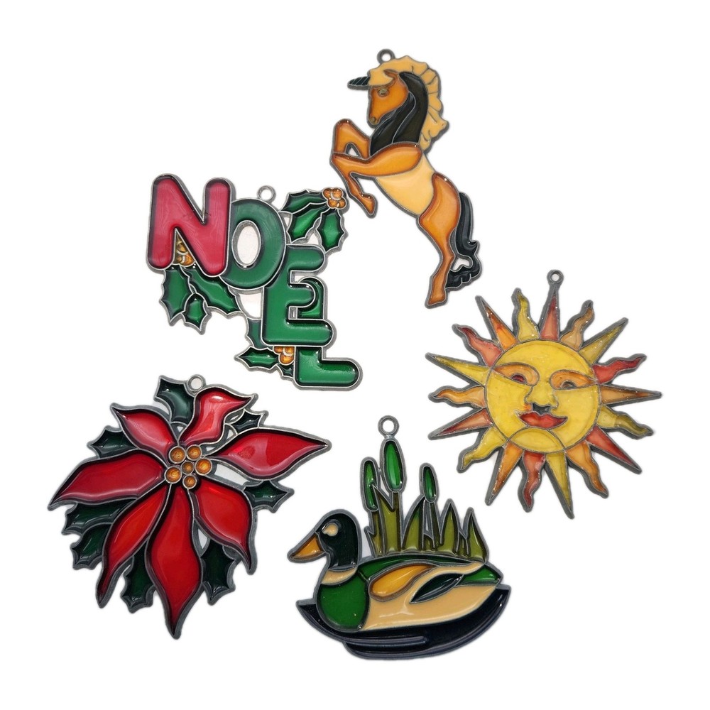 Vintage Acrylic Sun Catchers Lot of 5 Sun Horse Duck NOEL Poinsettia About 4″
