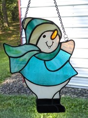 Vintage LARGE 12.5″ Leaded Stained Glass Snowman Sun Catcher Window