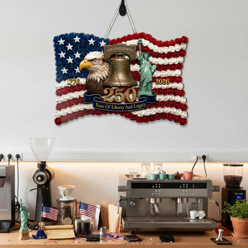 Personalized USA 250th Anniversary Flag Patriotic Wall Sign with Rope