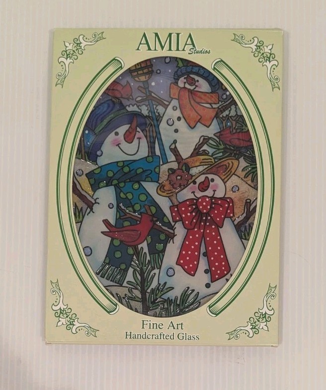 Amia Studio Stained Glass Snowman Christmas Bird Sun Catcher Oval 7″X5″ w/chain