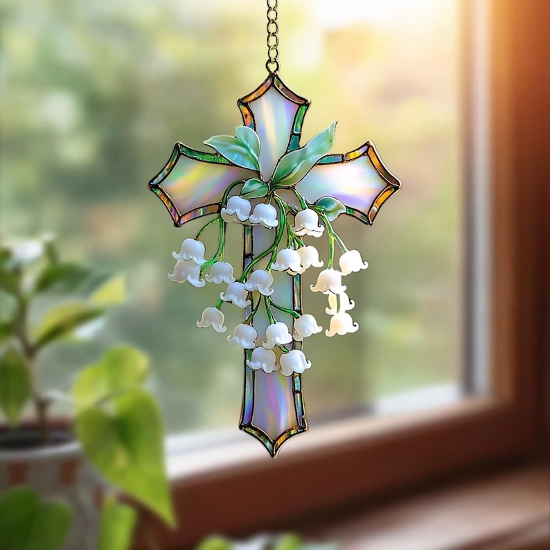 Lily of the Valley Cross Flat Acrylic Suncatcher Christian Window Hanging