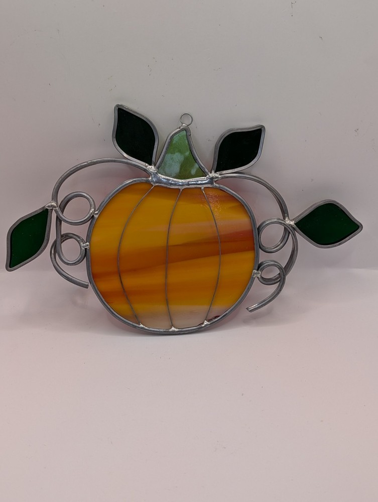 Vtg Handcrafted Stained And Slag Glass Pumpkin Vines Suncatcher Hanging