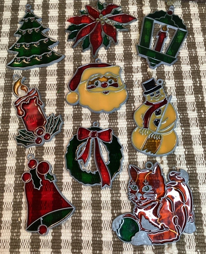 Christmas Stained Glass Suncatchers 9 Vintage Holly Bells Tree Candle Cat Santa