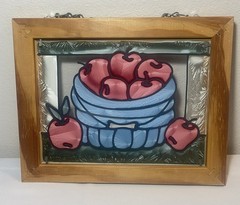10”x8” Framed Stained Glass Window Suncatcher Apples In Blue Basket With Chain