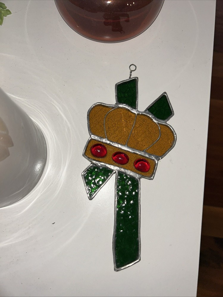 Vintage 80s Sun catcher Cross & Crown Decor Gift Christian Stained Glass 7 X5”
