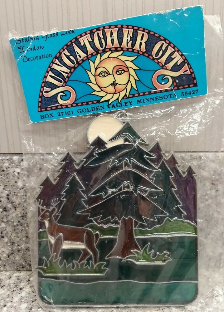 Suncatcher City Stained Glass Window Decoration 3.5×4.6″ Deer In The Forest