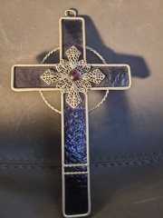 Stained Glass Filigree Cross Suncatcher 9 Inch Purple