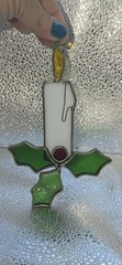 Vintage Stained Glass Christmas Candle Holly Berries Suncatcher Hanging 6″