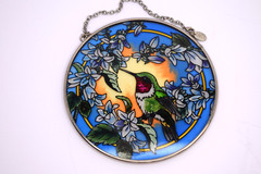 Lot of 2 Hummingbird w/ Flowers Window Suncatcher Stained/ Painted Glass AMIA