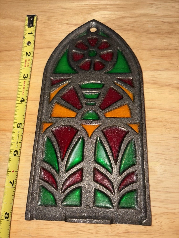 8×4” Multi-colored Stained Glass Suncatcher Green,red, & Yellow, Pewter, Vintage