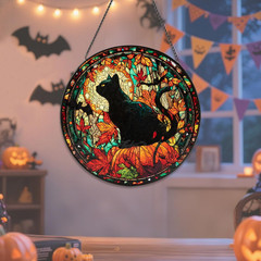 Stained Glass Window Hanging Black Cat Maple Leaf Suncatcher for Doors Garden